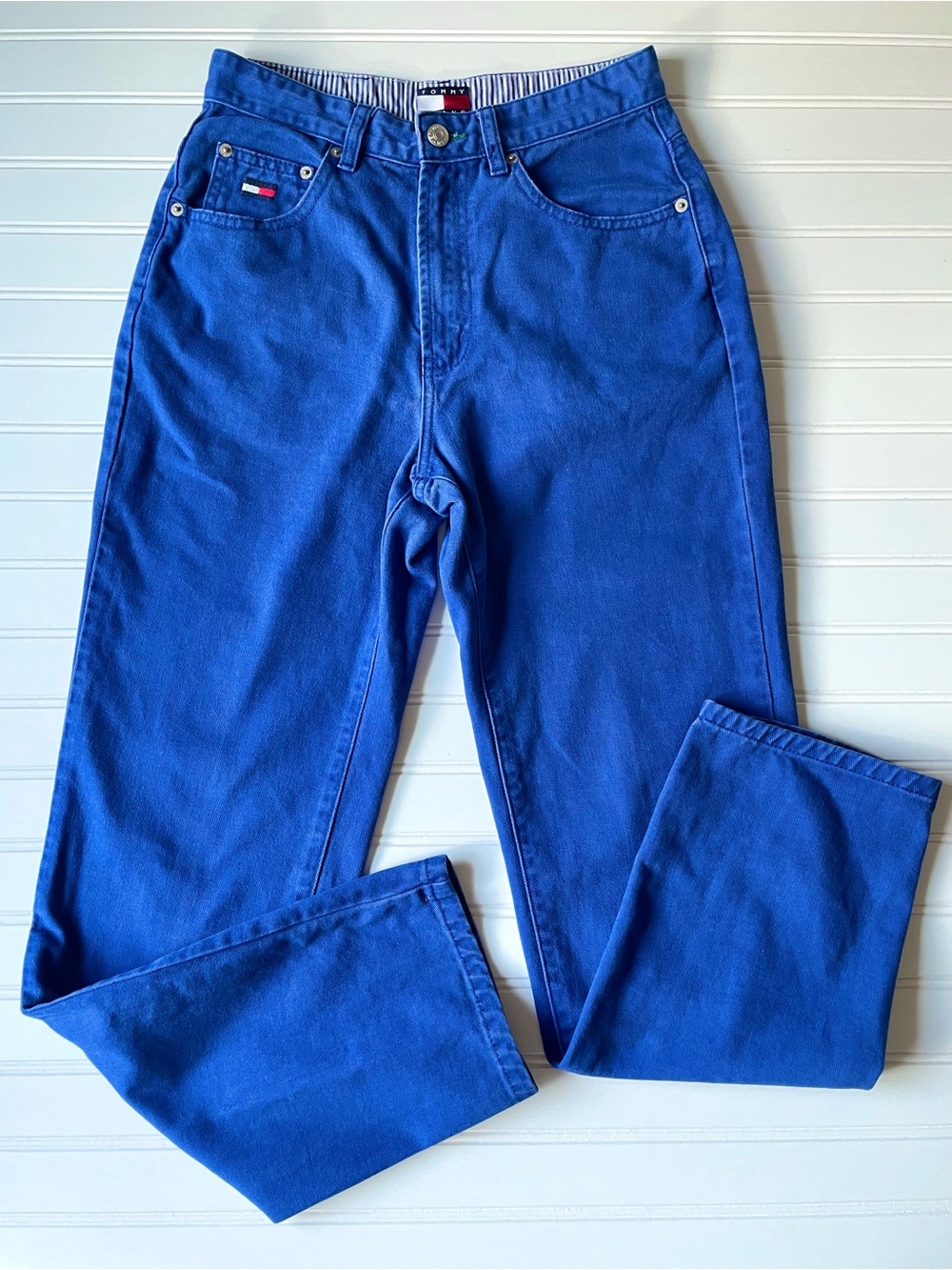 Tommy Hilfiger Vintage 90s Y2K Logo Flag Cobalt Blue Soft Cotton Mom Jean W6 GUC